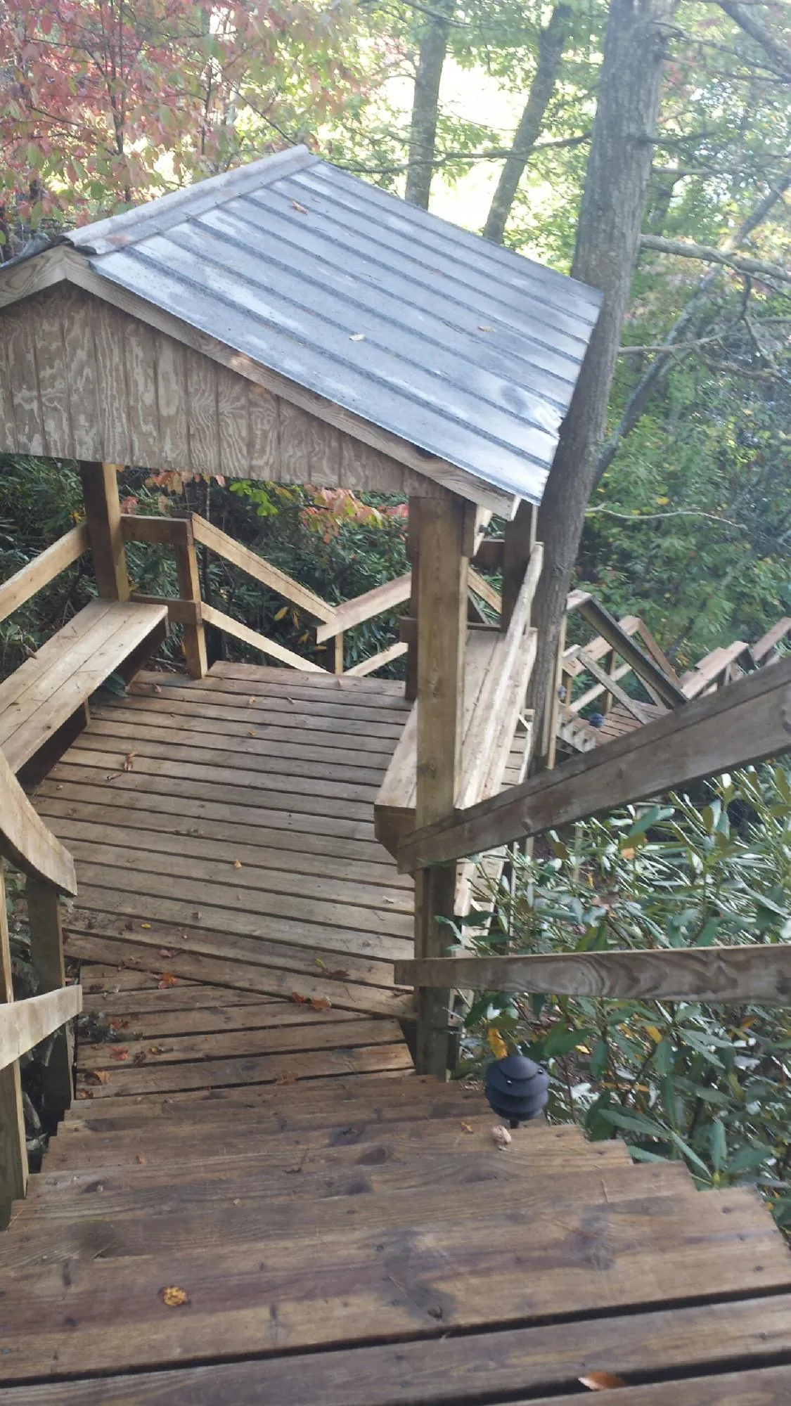 Metal roofed shelter over wooden steps on a wooded walkway — Skylight Repair & Installation work by our crew in Tellico Plains